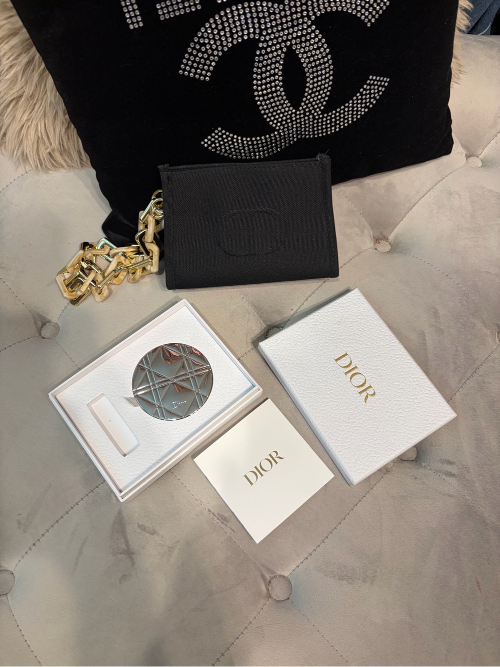 Dior (authentic) Black  Card Holder with Gold Chain (Nonbrand) w Dior mirror